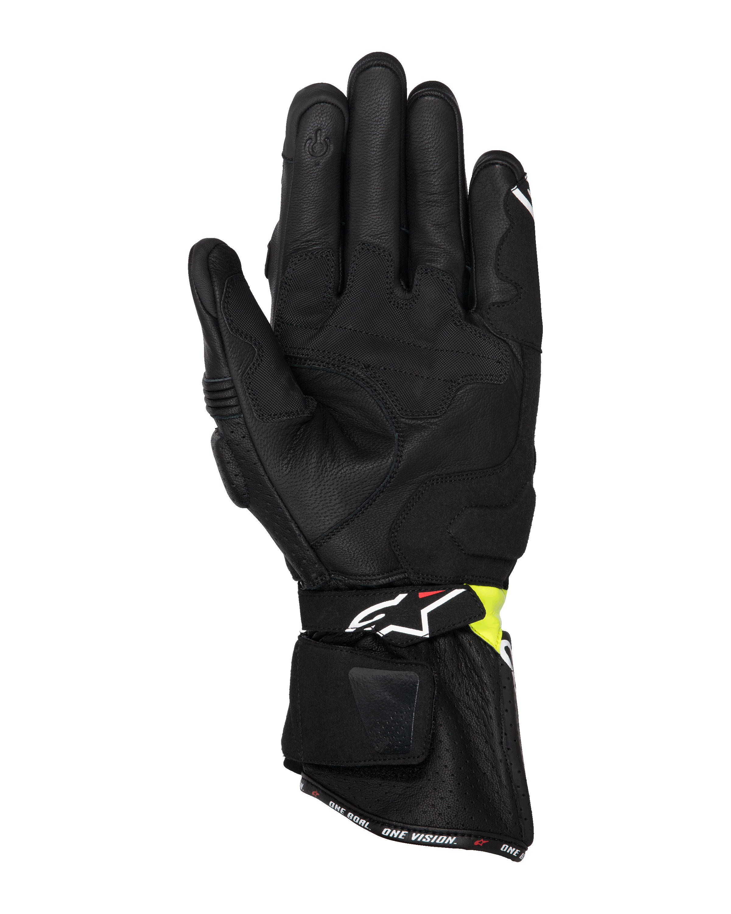 Alpinestars SP-3 Gloves, Motorcycle Road Gloves, Black and Yellow Fluo, palm side view showing goat leather construction, padded palm reinforcements, long cuff with adjustable strap, and touchscreen compatible index finger