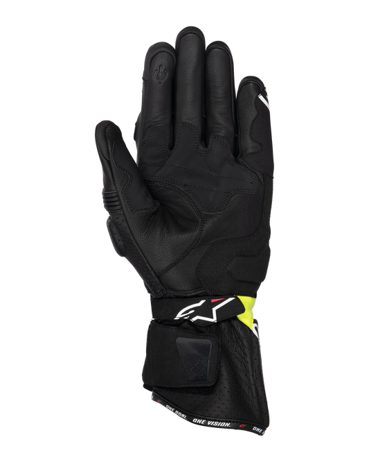 Alpinestars SP-3 Gloves, Motorcycle Road Gloves, Black and Yellow Fluo, palm side view showing goat leather construction, padded palm reinforcements, long cuff with adjustable strap, and touchscreen compatible index finger