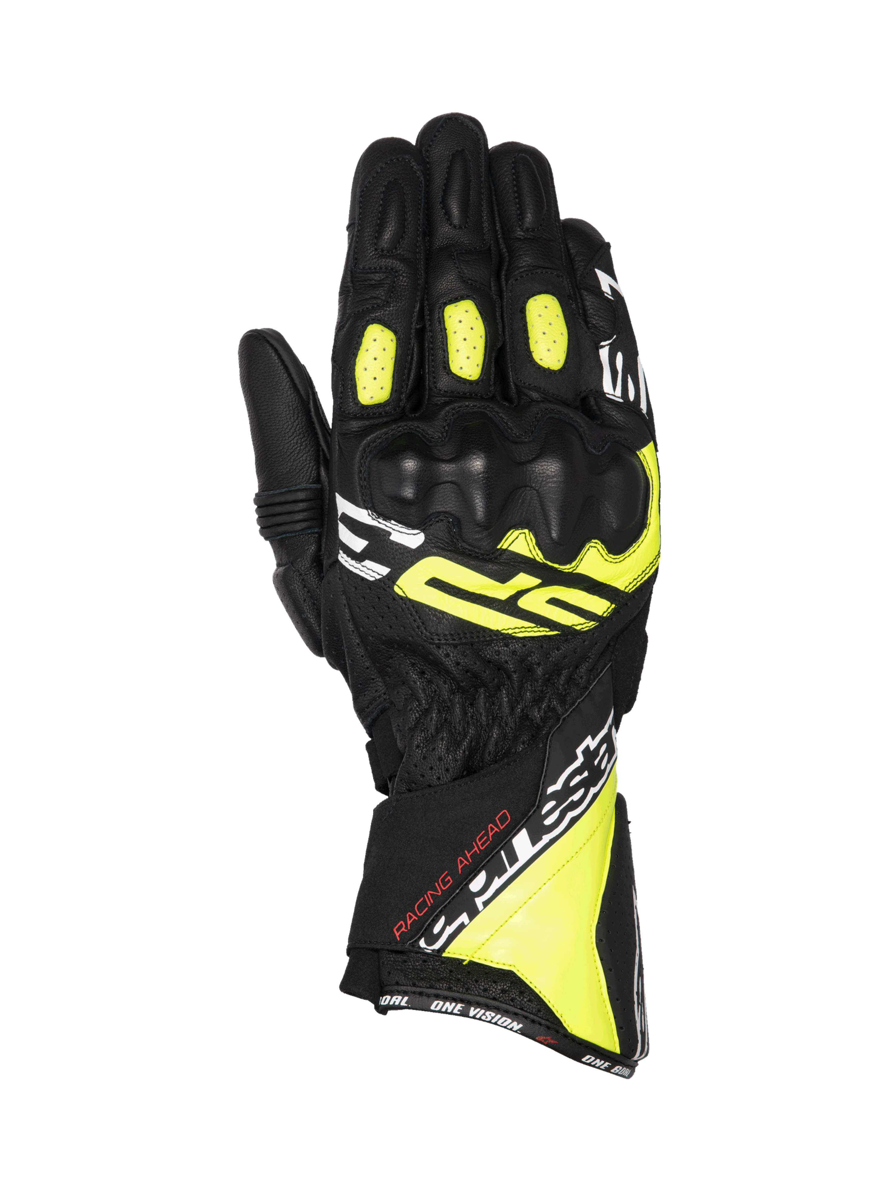 Alpinestars SP-3 Gloves, racing motorcycle gloves for men, black and yellow fluo leather with CE knuckle protection.