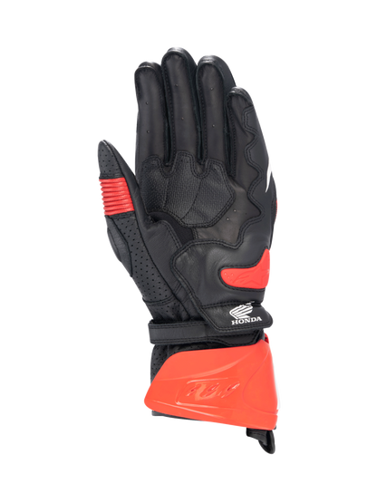 Alpinestars Honda GP Pro R3 Gloves, black and bright red motorcycle racing gauntlet, kangaroo leather palm, CE certified.