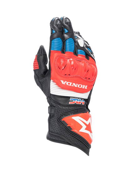 Alpinestars Honda GP Pro R3 Gloves, black and red leather motorcycle racing gauntlets with DFS knuckle protection.