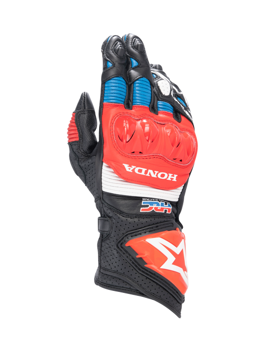 Alpinestars Honda GP Pro R3 Gloves, black and red leather motorcycle racing gauntlets with DFS knuckle protection.