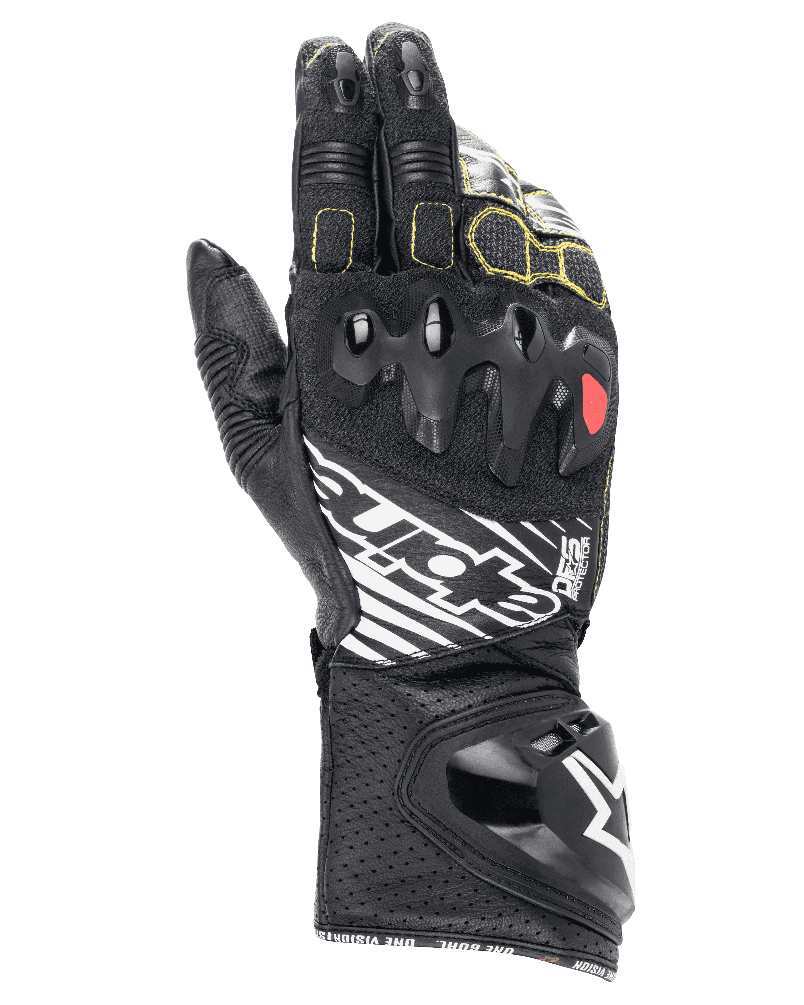 Alpinestars GP Tech V2 Gloves, Motorcycle Racing Gloves, Black with Yellow Stitching and Red Accents, Protective Knuckle Guards, Perforated Cuff for Breathability, Premium Leather Construction