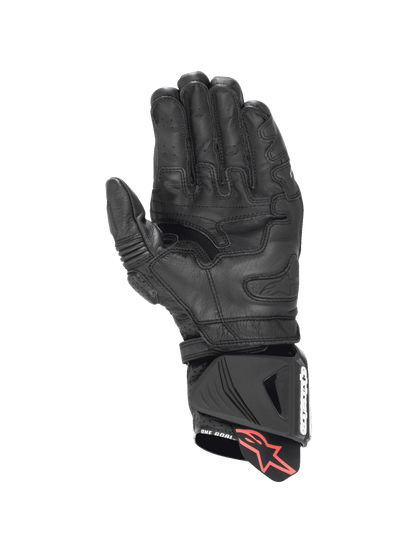 Alpinestars GP Pro R4 Gloves in black leather featuring a kangaroo leather palm and DFS cuff slider for racing.