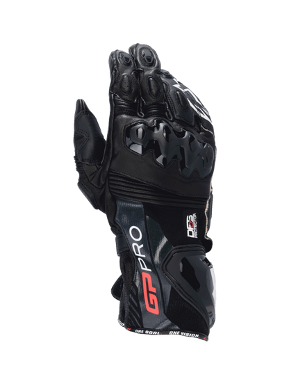 Alpinestars GP Pro R4 Gloves, men's black leather motorcycle racing gauntlet with DFS knuckle and cuff protection.