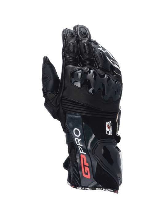 Alpinestars GP Pro R4 Gloves, men's black leather motorcycle racing gauntlet with DFS knuckle and cuff protection.