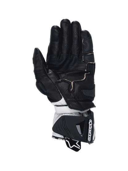 Alpinestars GP Pro R4 Men's Racing Gloves, Black and White leather featuring a kangaroo palm and DFS cuff protection.