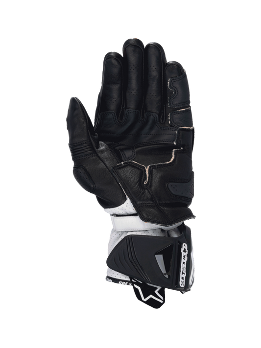 Alpinestars GP Pro R4 Men's Racing Gloves, Black and White leather featuring a kangaroo palm and DFS cuff protection.