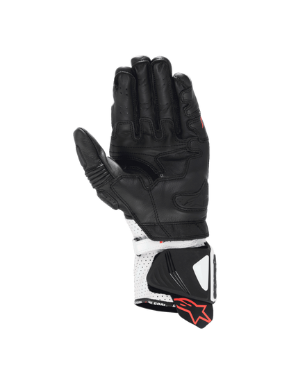 Alpinestars GP Pro R4 motorcycle racing gloves in black and white leather with a kangaroo palm and DFS gauntlet cuff.