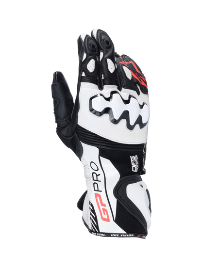 Alpinestars GP Pro R4 Gloves, black and white leather motorcycle racing gauntlet gloves with DFS knuckle protection.