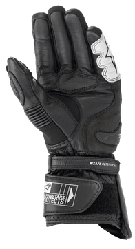Alpinestars SP-2 V3 Gloves, Motorcycle Road Gloves, Black and White, palm view featuring full-grain leather construction, TPU palm slider, and adjustable cuff with Safe Retention strap and Alpinestars branding