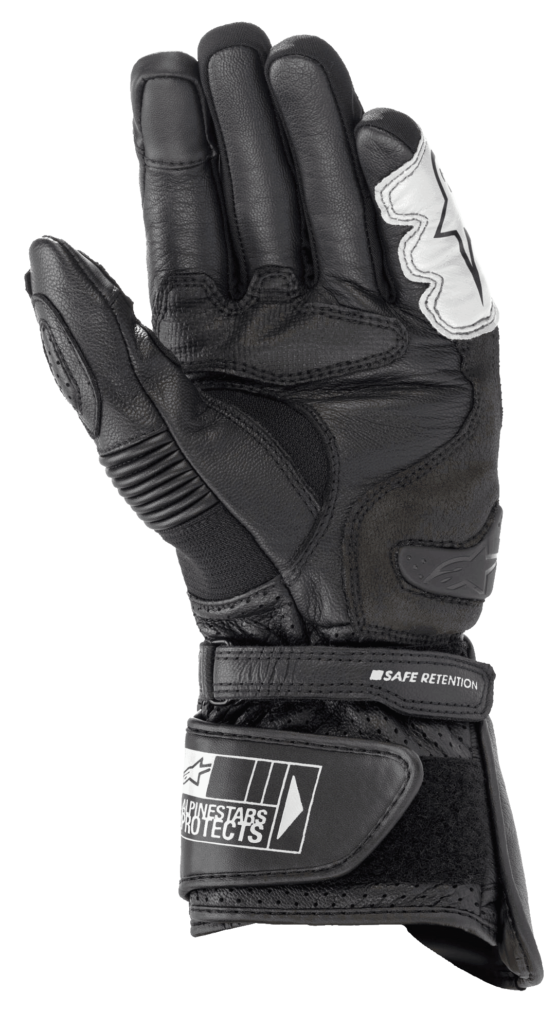 Alpinestars SP-2 V3 Gloves, Motorcycle Road Gloves, Black and White, palm view featuring full-grain leather construction, TPU palm slider, and adjustable cuff with Safe Retention strap and Alpinestars branding