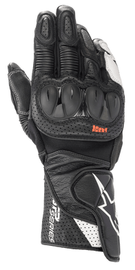 Alpinestars SP-2 V3 Gloves, Motorcycle Racing Gloves, Black and White, featuring hard TPU knuckle protectors, perforated leather for ventilation, long gauntlet cuff with white star logo and SP Series branding