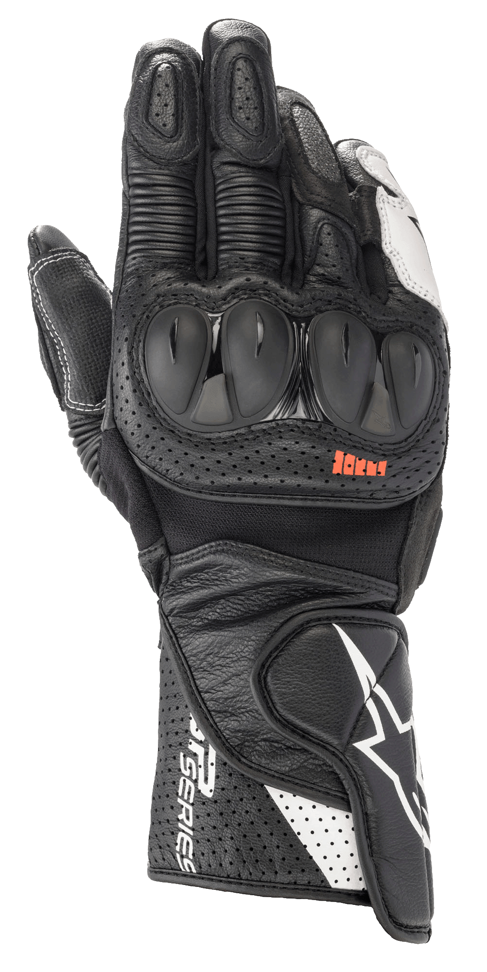 Alpinestars SP-2 V3 Gloves, Motorcycle Racing Gloves, Black and White, featuring hard TPU knuckle protectors, perforated leather for ventilation, long gauntlet cuff with white star logo and SP Series branding