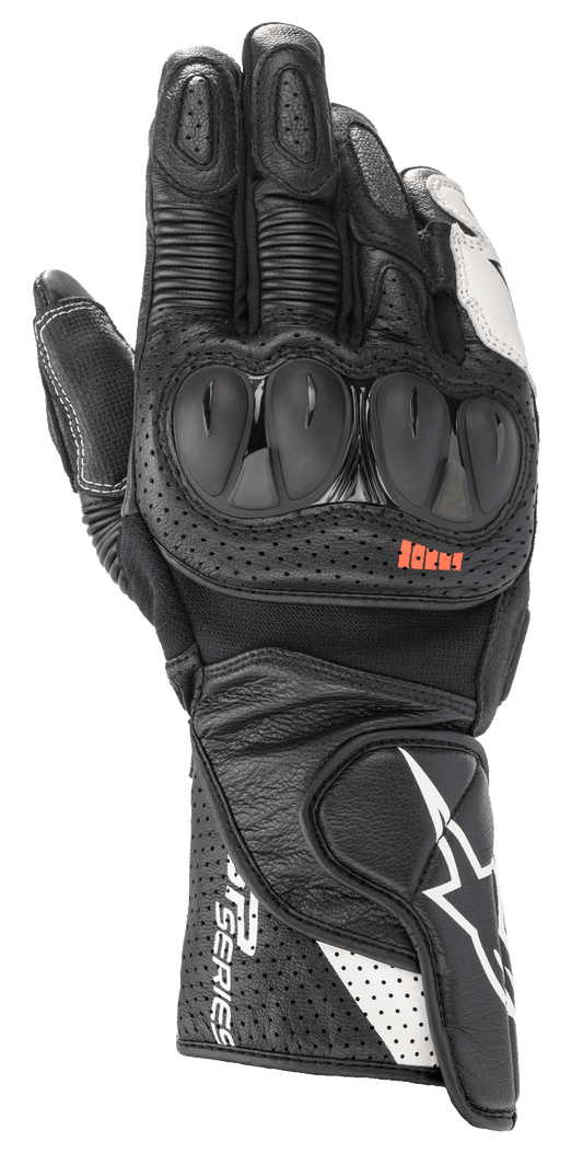 Alpinestars SP-2 V3 Gloves, Motorcycle Racing Gloves, Black and White, featuring hard TPU knuckle protectors, perforated leather for ventilation, long gauntlet cuff with white star logo and SP Series branding