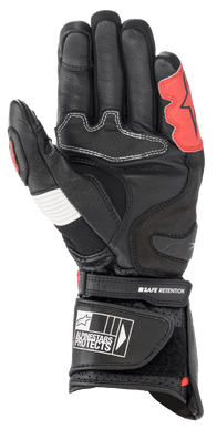Alpinestars SP-2 V3 Gloves, Black White and Bright Red, palm view showing reinforced leather construction, TPU palm slider, white accordion panel, and secure wrist strap with branding