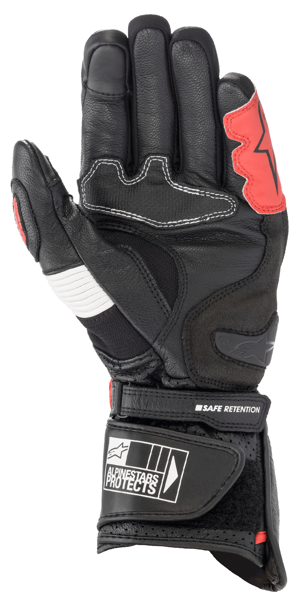 Alpinestars SP-2 V3 Gloves, Black White and Bright Red, palm view showing reinforced leather construction, TPU palm slider, white accordion panel, and secure wrist strap with branding