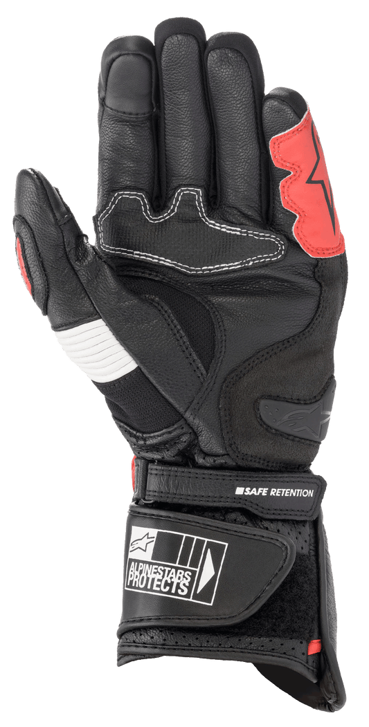 Alpinestars SP-2 V3 Gloves, Black White and Bright Red, palm view showing reinforced leather construction, TPU palm slider, white accordion panel, and secure wrist strap with branding