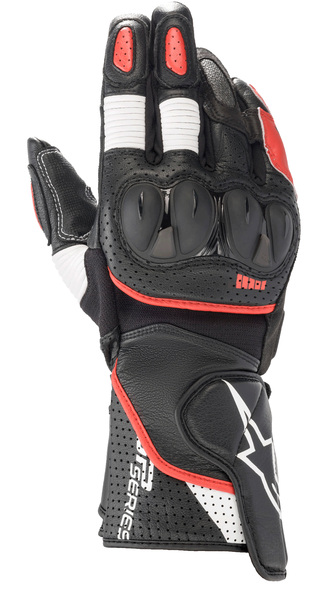 Alpinestars SP-2 V3 Gloves, Motorcycle Racing Gloves, Black with White and Bright Red accents, featuring a hard TPU knuckle guard, perforated leather construction on the cuff, white accordion stretch panels on fingers, and prominent GP Series branding.