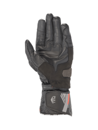Alpinestars SP-8 V3 black leather motorcycle gloves, palm view with grip reinforcements and secure hook and loop cuff closure.