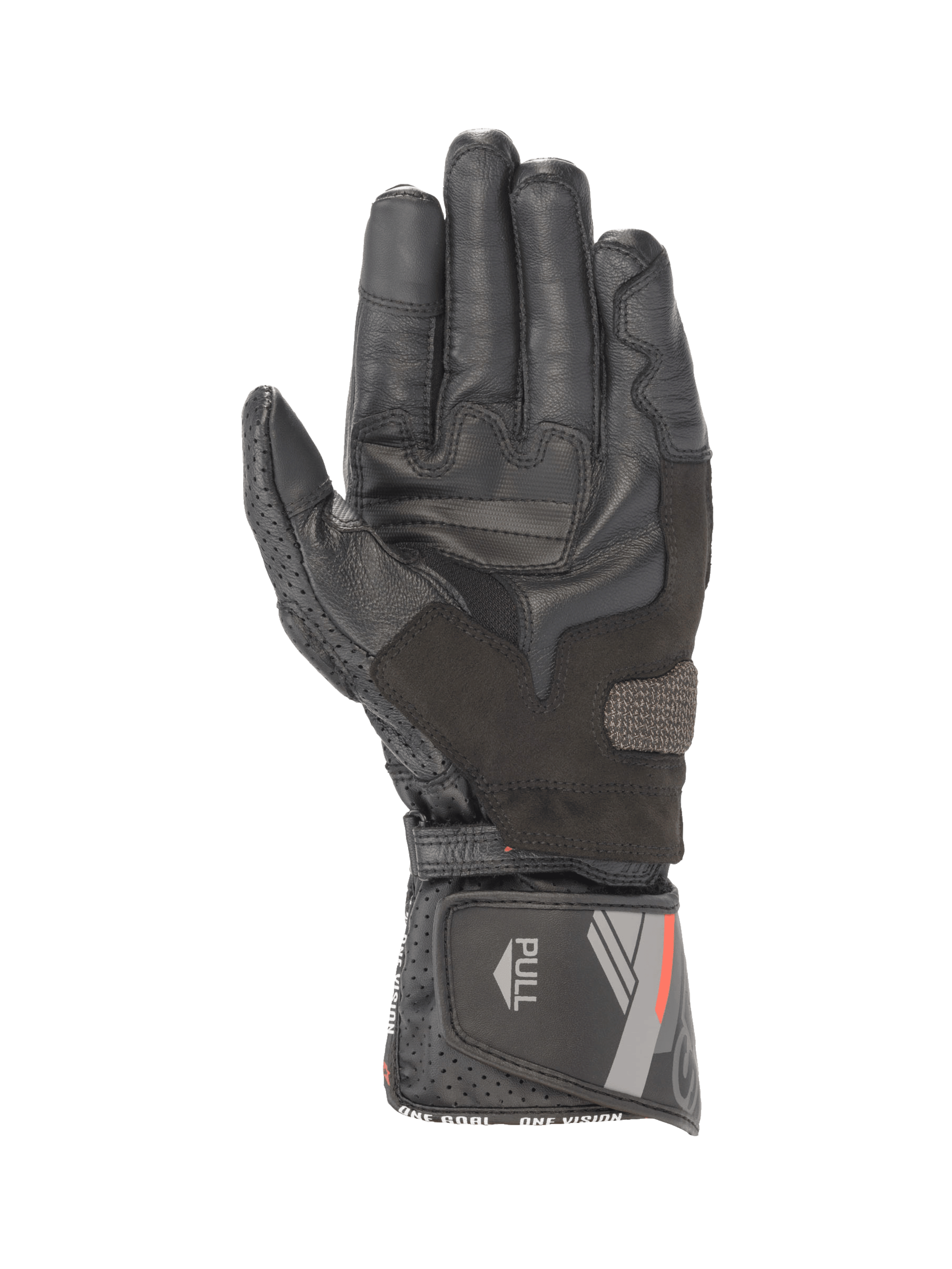 Alpinestars SP-8 V3 black leather motorcycle gloves, palm view with grip reinforcements and secure hook and loop cuff closure.