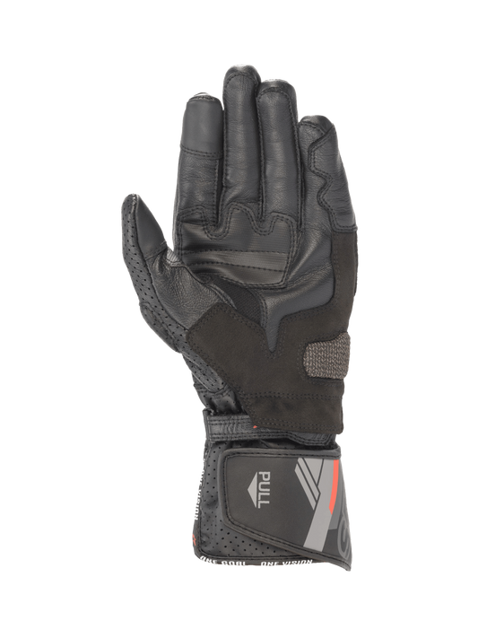 Alpinestars SP-8 V3 black leather motorcycle gloves, palm view with grip reinforcements and secure hook and loop cuff closure.