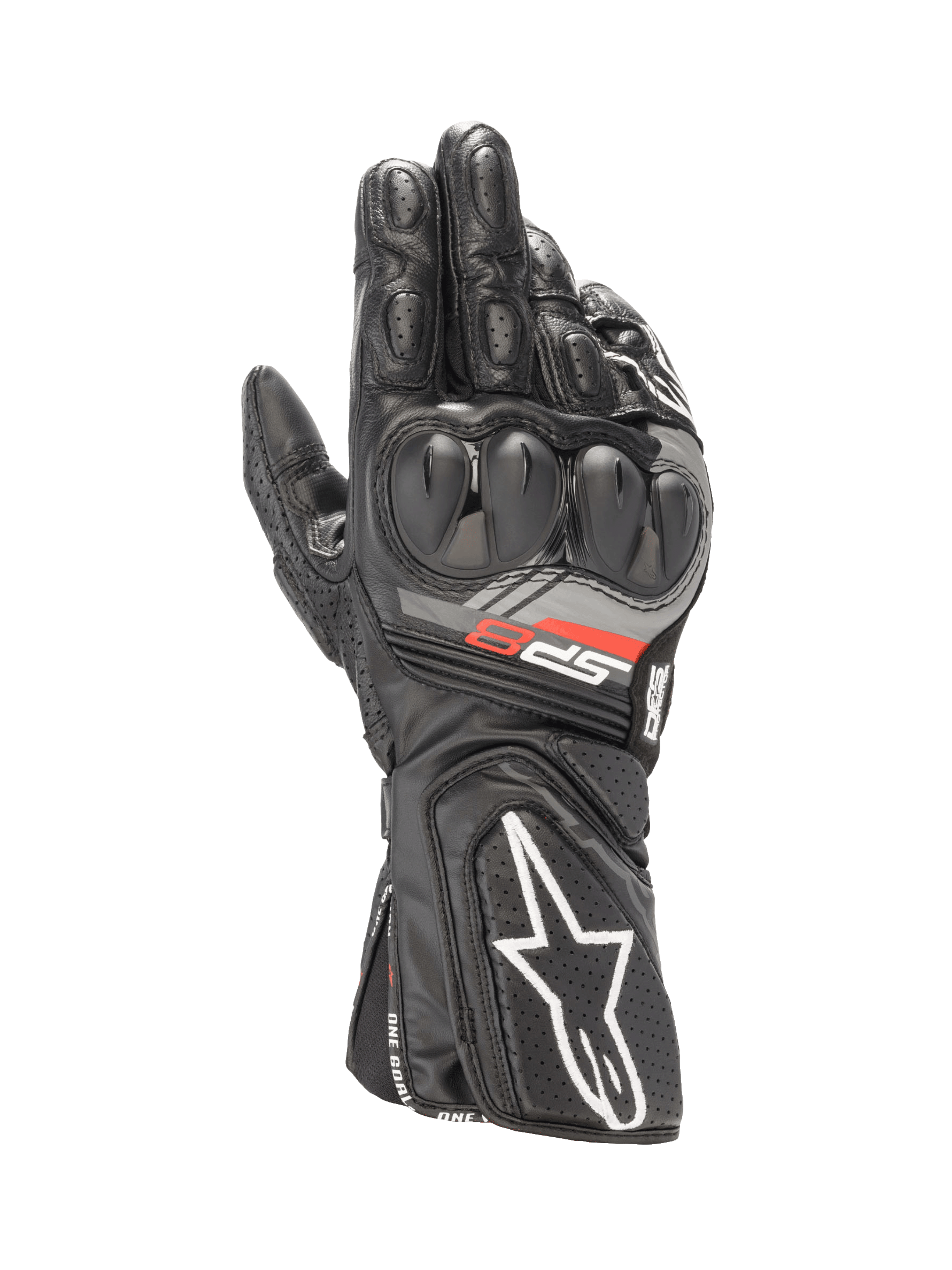 Alpinestars SP-8 V3 black motorcycle racing gloves featuring SP dual density knuckle protection and goat leather construction.