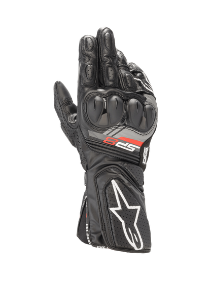 Alpinestars SP-8 V3 black motorcycle racing gloves featuring SP dual density knuckle protection and goat leather construction.