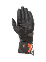 Alpinestars SP-8 V3 Men's Leather Motorcycle Gloves, Black and Red Fluo, palm view with grip inserts and secure cuff closure.
