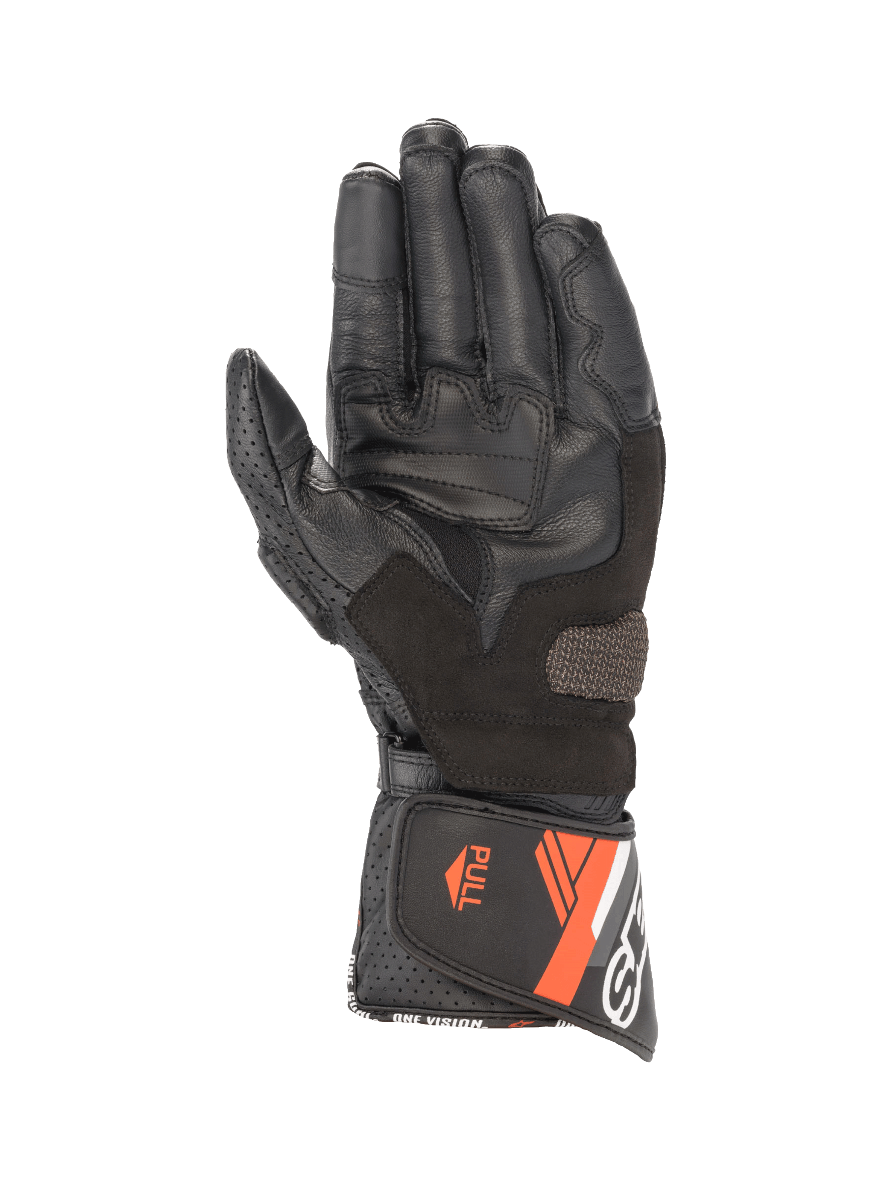 Alpinestars SP-8 V3 Men's Leather Motorcycle Gloves, Black and Red Fluo, palm view with grip inserts and secure cuff closure.