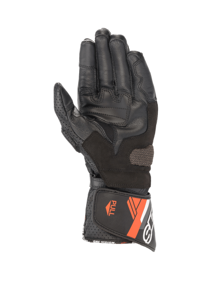 Alpinestars SP-8 V3 Men's Leather Motorcycle Gloves, Black and Red Fluo, palm view with grip inserts and secure cuff closure.