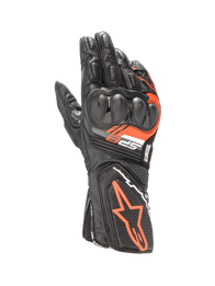 Alpinestars SP-8 V3 Leather Gloves in Black and Red Fluo, motorcycle racing gloves with dual-density knuckle protection.