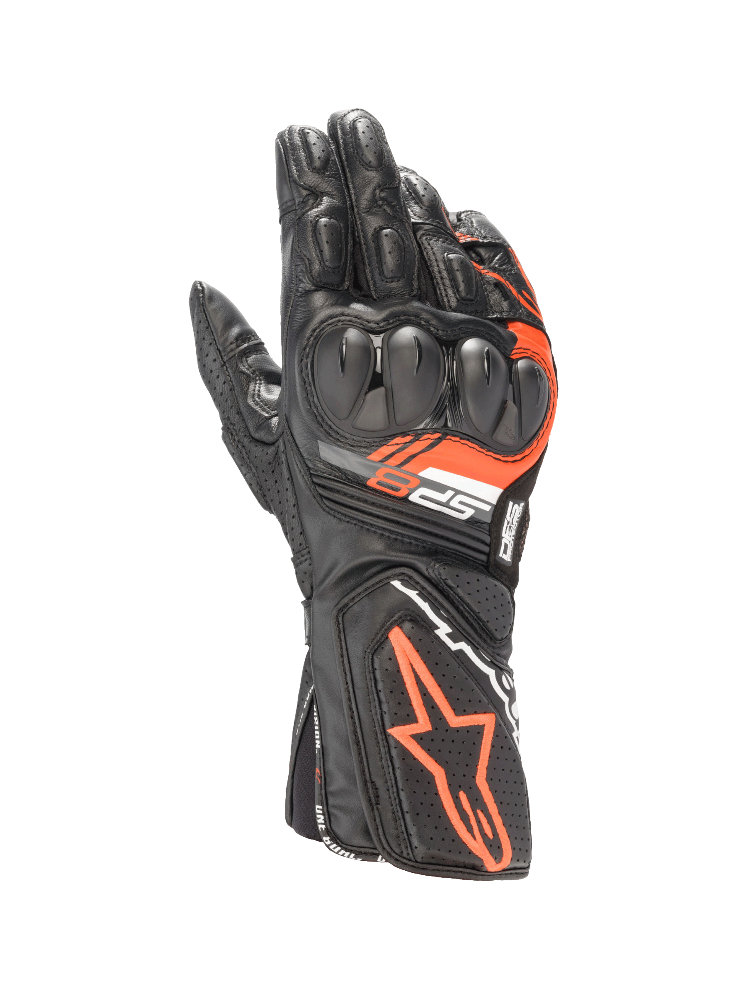 Alpinestars SP-8 V3 Leather Gloves in Black and Red Fluo, motorcycle racing gloves with dual-density knuckle protection.