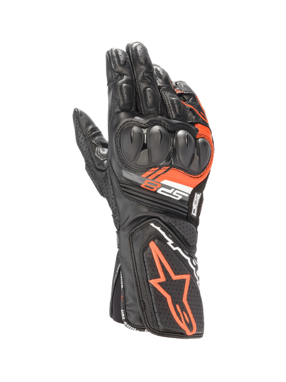 Alpinestars SP-8 V3 Leather Gloves in Black and Red Fluo, motorcycle racing gloves with dual-density knuckle protection.