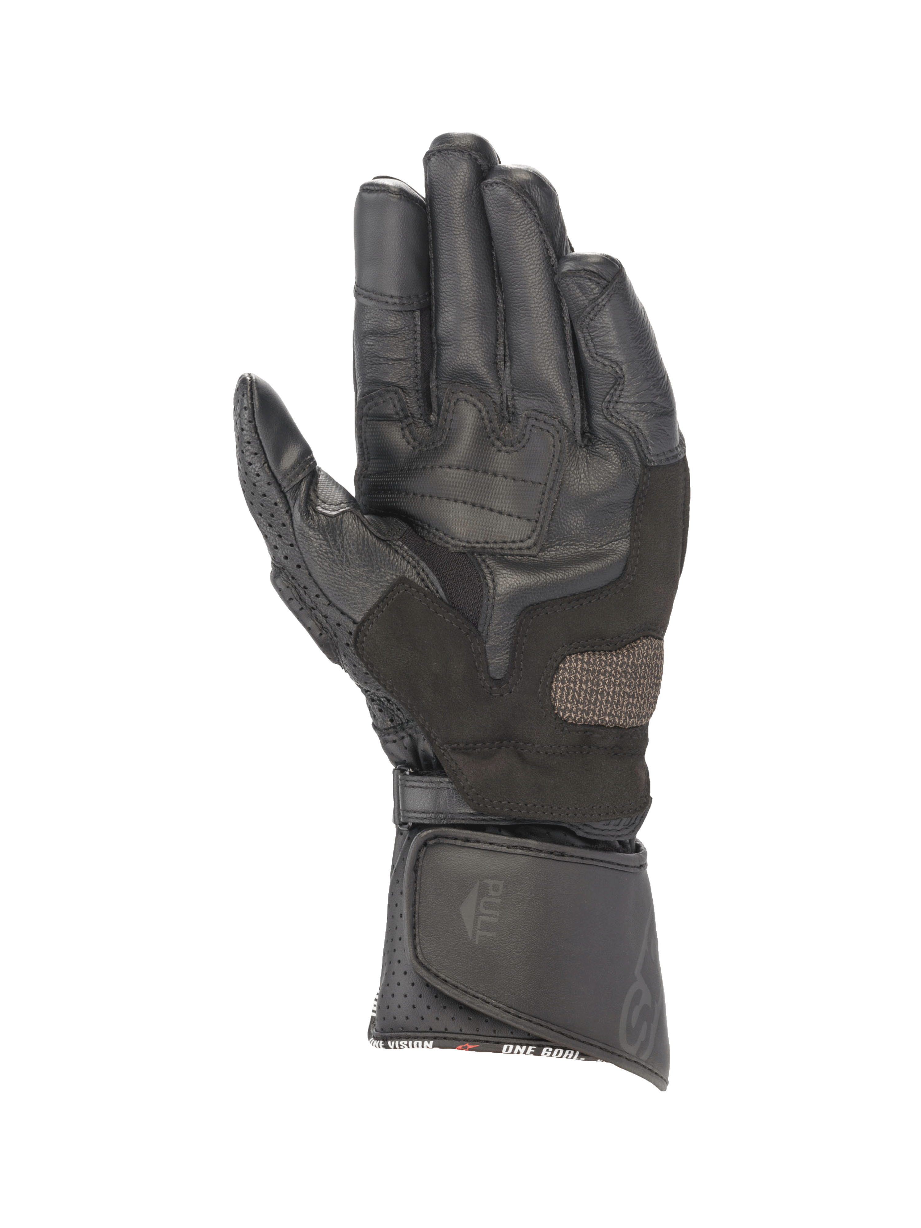 Alpinestars SP-8 V3 Gloves, Road Racing, Men, Black Leather, featuring reinforced palm grip and adjustable long cuff.