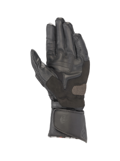Alpinestars SP-8 V3 Gloves, Road Racing, Men, Black Leather, featuring reinforced palm grip and adjustable long cuff.