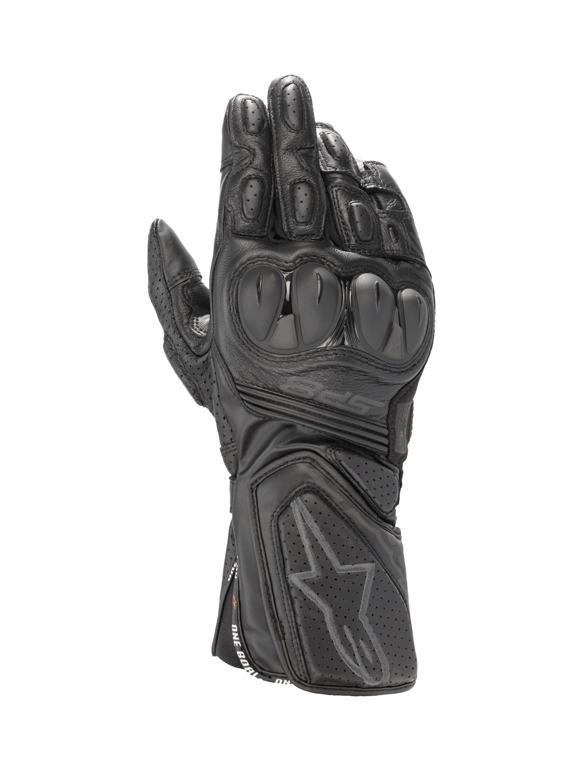 Alpinestars SP-8 V3 Men's Black Leather Motorcycle Racing Gloves, featuring dual density knuckle protection.