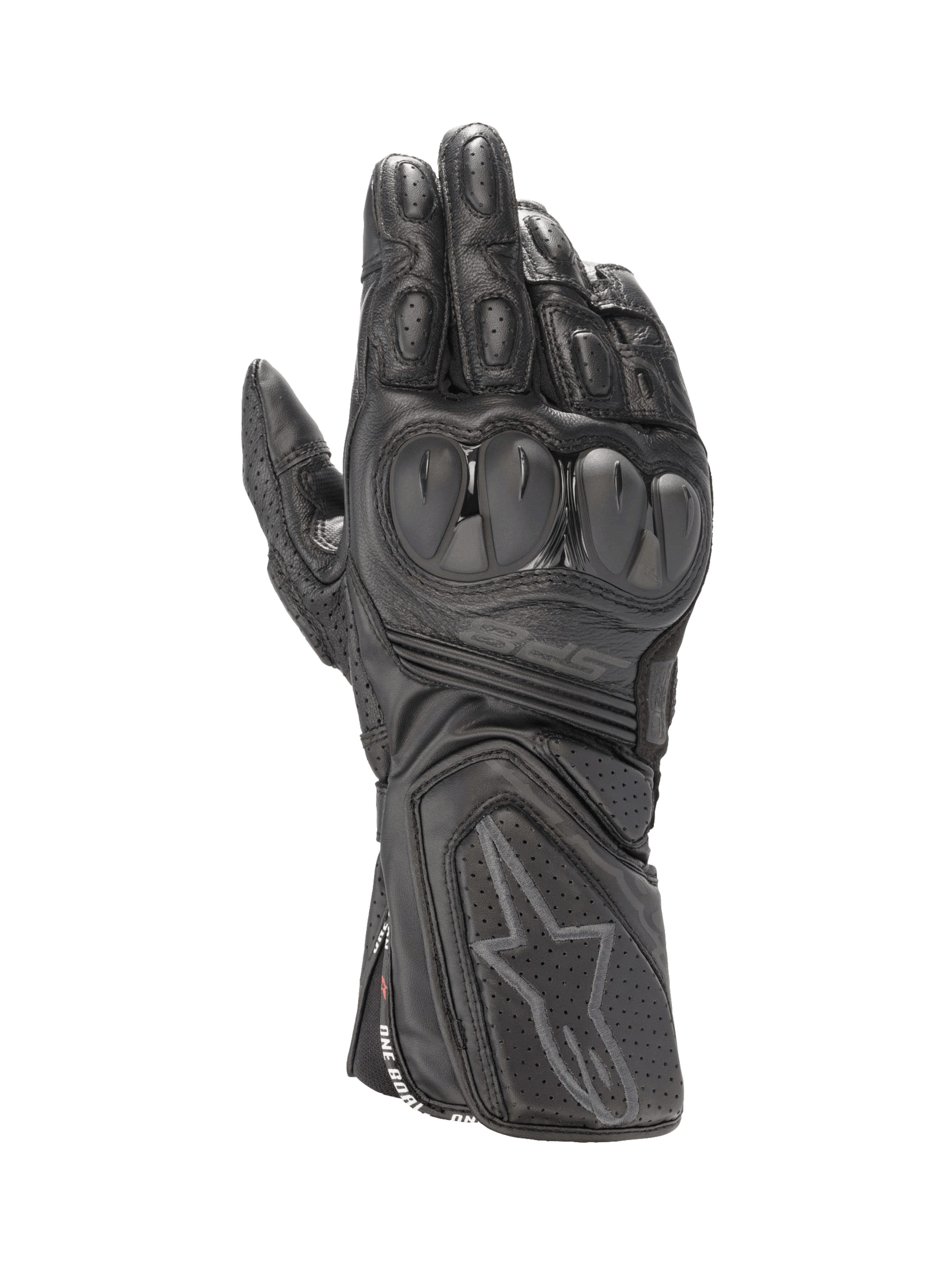 Alpinestars SP-8 V3 Men's Black Leather Motorcycle Racing Gloves, featuring dual density knuckle protection.