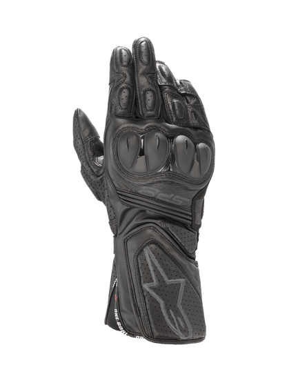 Alpinestars SP-8 V3 Men's Black Leather Motorcycle Racing Gloves, featuring dual density knuckle protection.