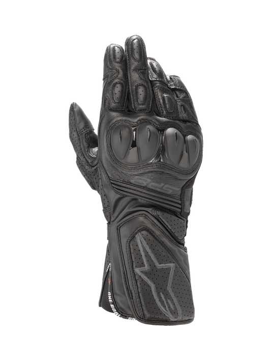 Alpinestars SP-8 V3 Men's Black Leather Motorcycle Racing Gloves, featuring dual density knuckle protection.