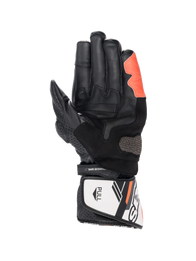Alpinestars SP-8 V3 motorcycle gloves, black, white, and red fluo, leather construction with Arshield slider, palm view.