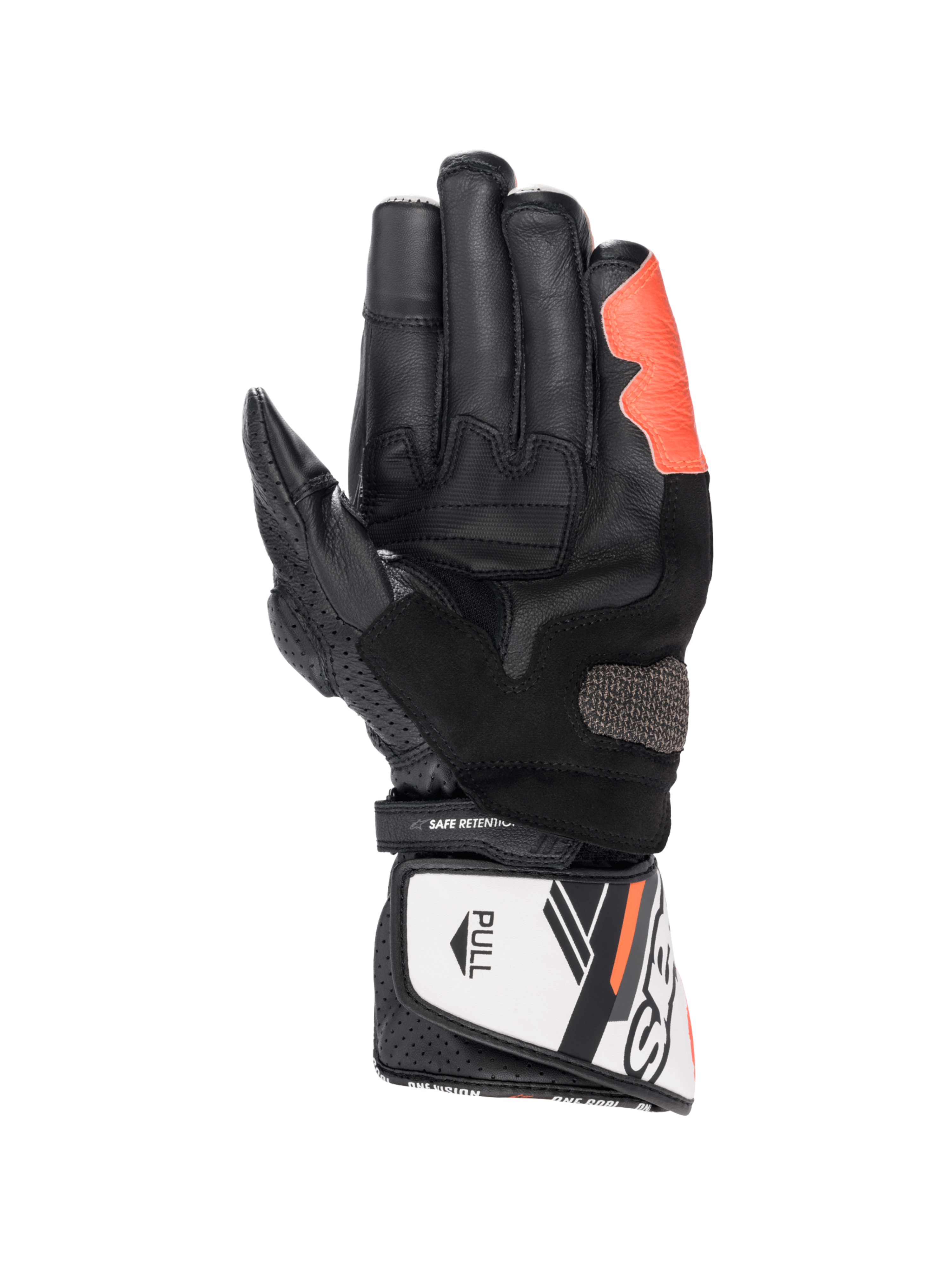 Alpinestars SP-8 V3 motorcycle gloves, black, white, and red fluo, leather construction with Arshield slider, palm view.