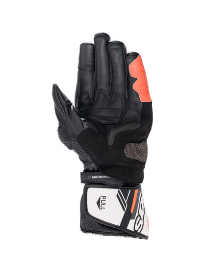 Alpinestars SP-8 V3 motorcycle gloves, black, white, and red fluo, leather construction with Arshield slider, palm view.