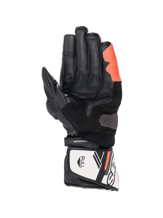 Alpinestars SP-8 V3 motorcycle gloves, black, white, and red fluo, leather construction with Arshield slider, palm view.