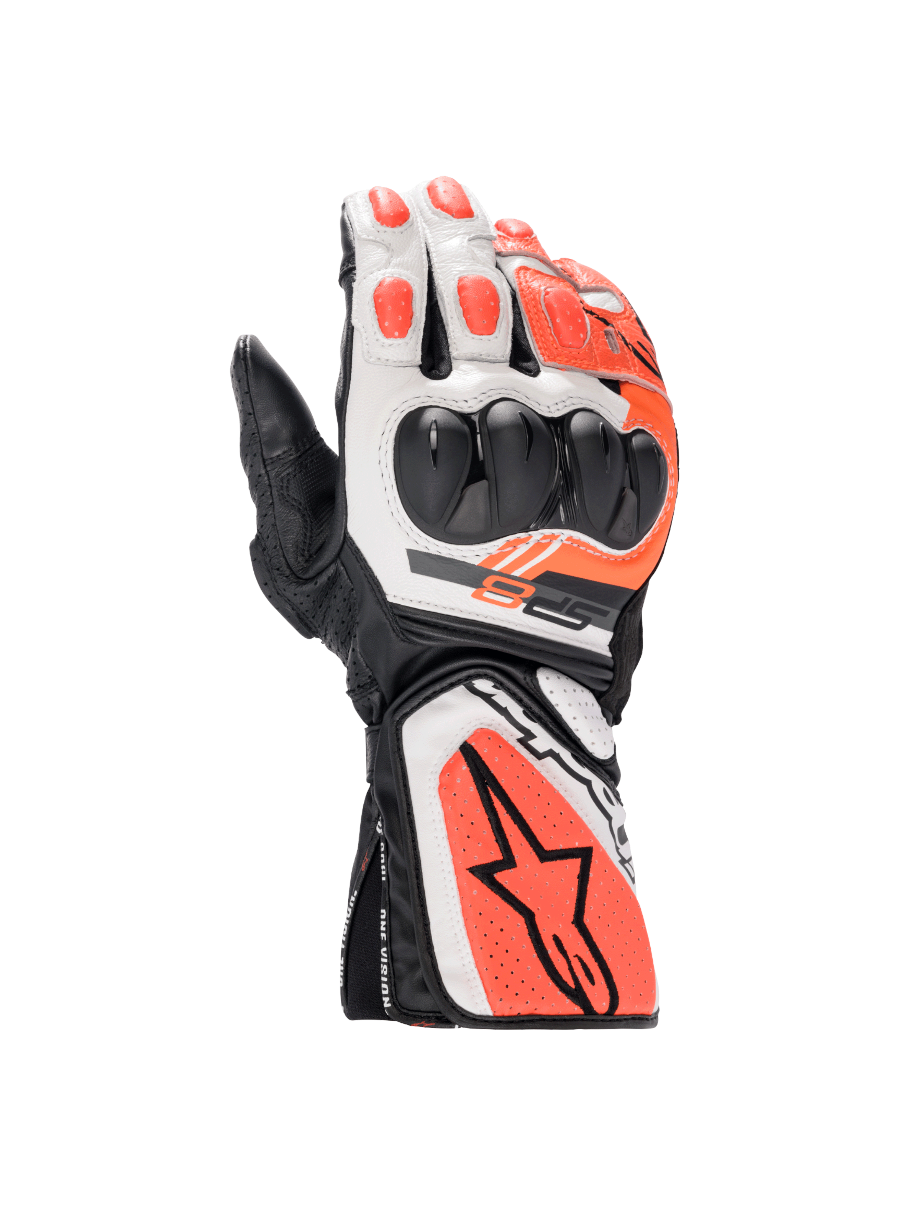 Alpinestars SP-8 V3 motorcycle racing gloves in black, white, and red fluo leather with dual density knuckle protection.