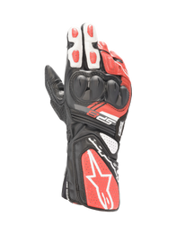 Alpinestars SP-8 V3 Men's Motorcycle Racing Gloves in Black, White, and Bright Red leather with dual-density knuckle protection.