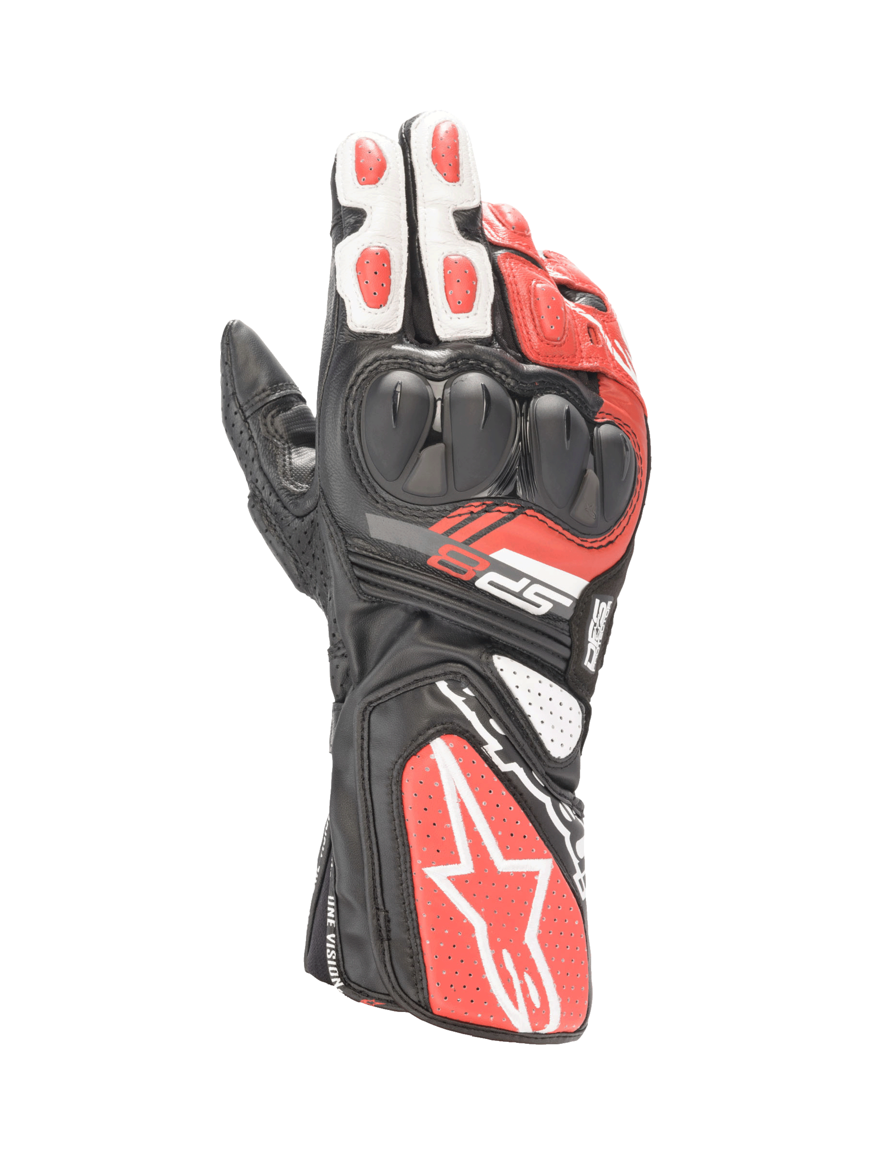 Alpinestars SP-8 V3 Men's Motorcycle Racing Gloves in Black, White, and Bright Red leather with dual-density knuckle protection.