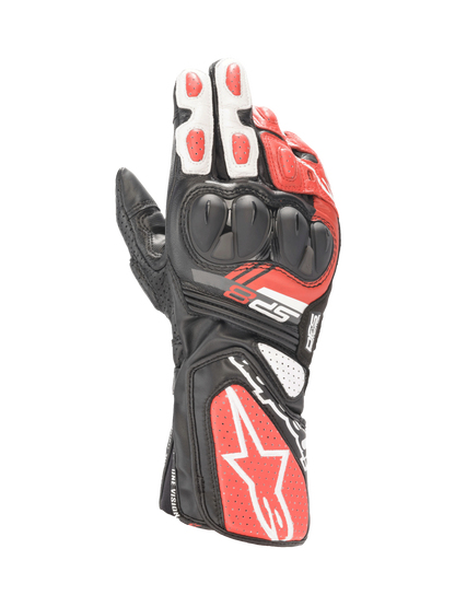 Alpinestars SP-8 V3 Men's Motorcycle Racing Gloves in Black, White, and Bright Red leather with dual-density knuckle protection.