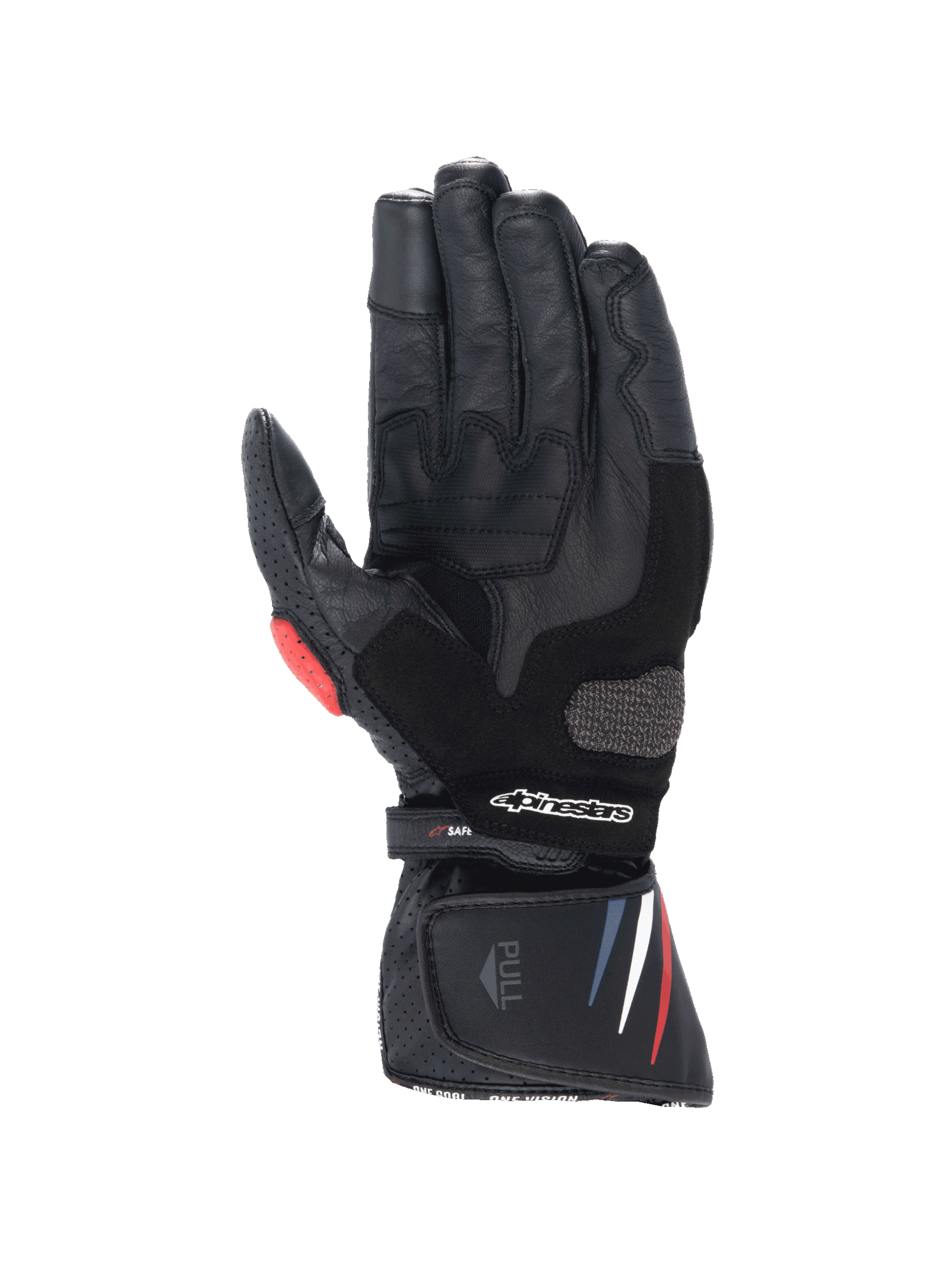 Alpinestars Honda SP-8 V3 Men's motorcycle racing gloves, black leather with red and blue accents and reinforced palm.