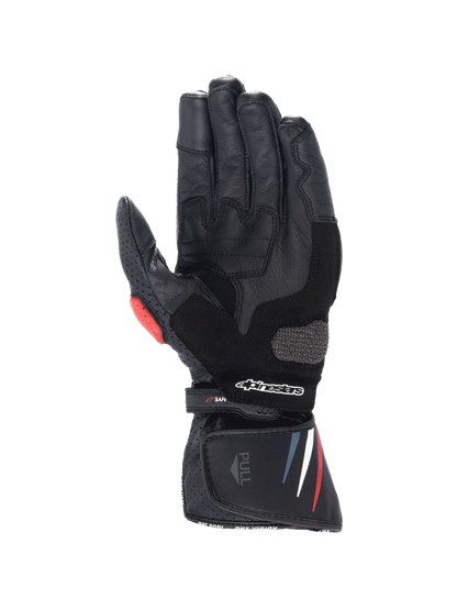 Alpinestars Honda SP-8 V3 Men's motorcycle racing gloves, black leather with red and blue accents and reinforced palm.